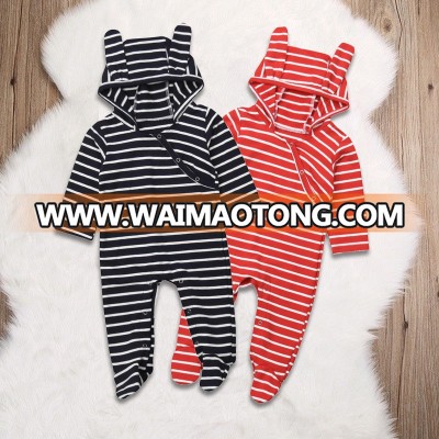 Hot Selling Infant Baby Boys Girls Hooded Romper Striped Jumpsuit Outfits Clothes