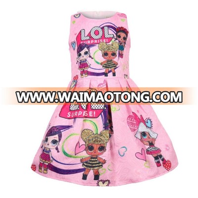 Wholesale Little Girls Dress Sleeveless Printing Boutique Clothes for Doll Surprised