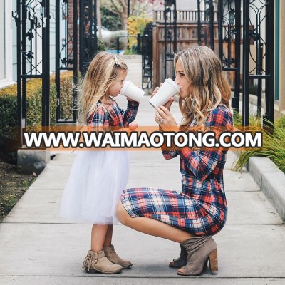 Wholesale Mommy Me Family Matching Clothes Long Sleeve Plaid Dress