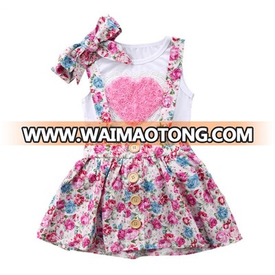 Baby Girls Outfit Ruffles Sleeveless Shirt + Suspenders Skirt 3pcs Clothes Set